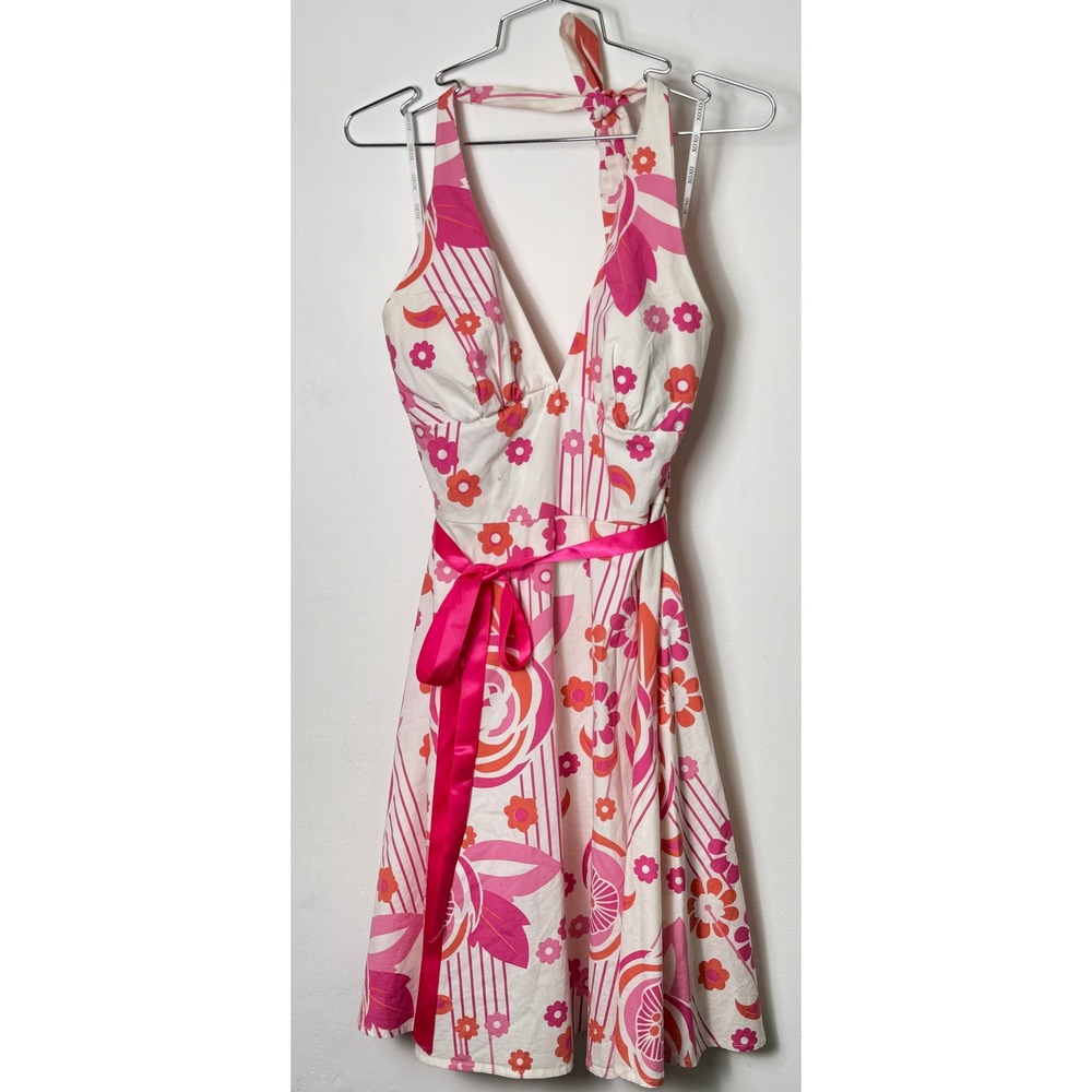 VTG XOXO Women's Halter Floral Print Dress Pink Orange Ribbon Tie